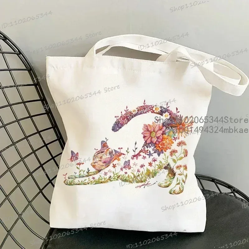 sac à main chat et fleur pour femmes, vintage, esthétique, design chaton, sacs de shopping, fourre-tout réutilisable pour adolescentes, sac à bandoulière