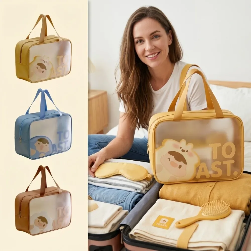 sac de toilette transparent portable, imperméable, givré, grande capacité, sac à cosmétiques avec imprimé de dessin animé, étui de maquillage de voyage peu encombrant.