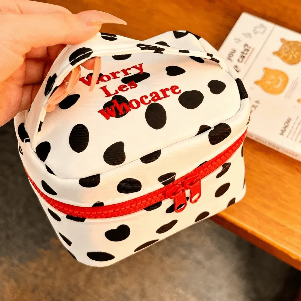 sac de maquillage kawaii à pois, design à fermeture éclair, organisateur à fermeture éclair, boîte de rangement carrée pour femmes et filles