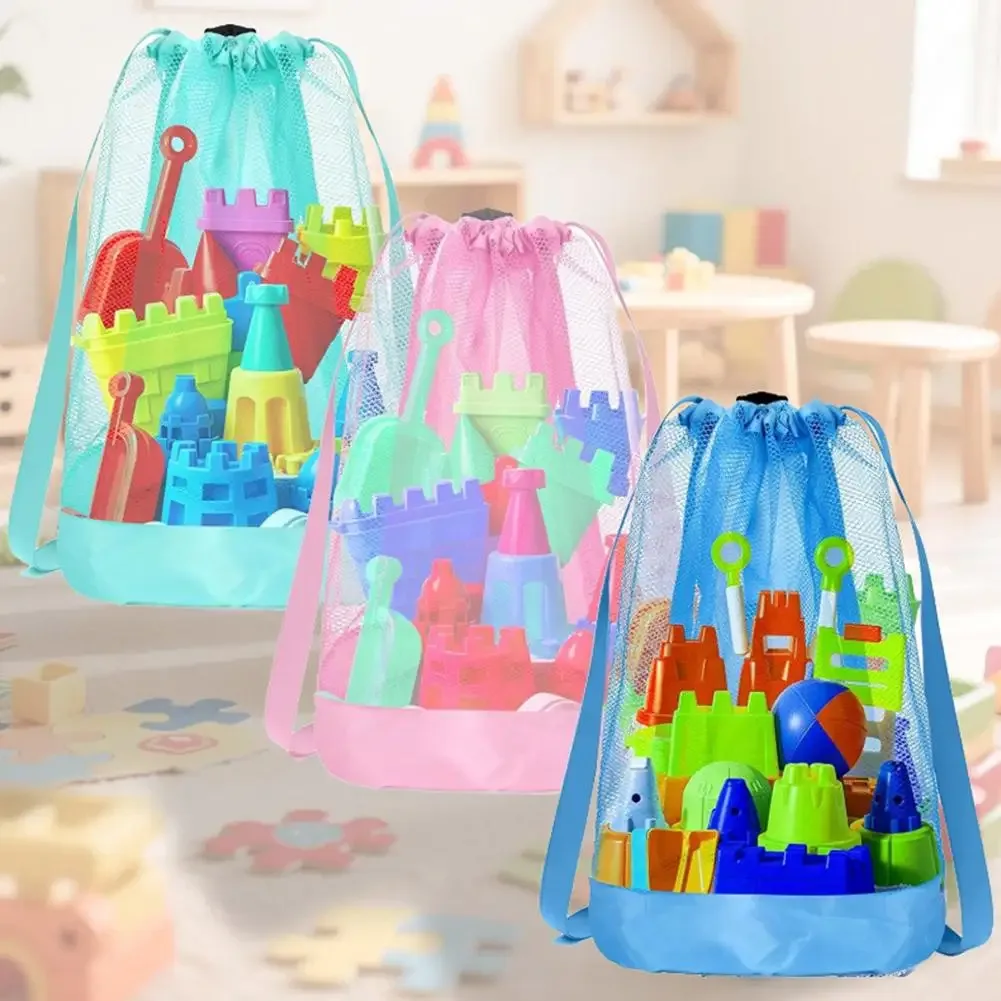 sac à dos en filet pour jouets de plage pour enfants, avec cordon de serrage, pour jouets de sable, collection de coquillages, accessoires de piscine et de natation