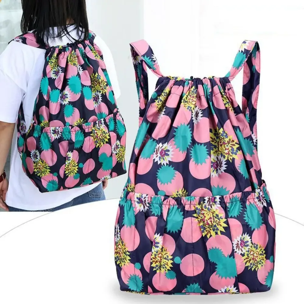 sac à cordon imprimé floral décontracté, sac de shopping portable en polyester imperméable, sacs à dos pliables légers pour adolescentes
