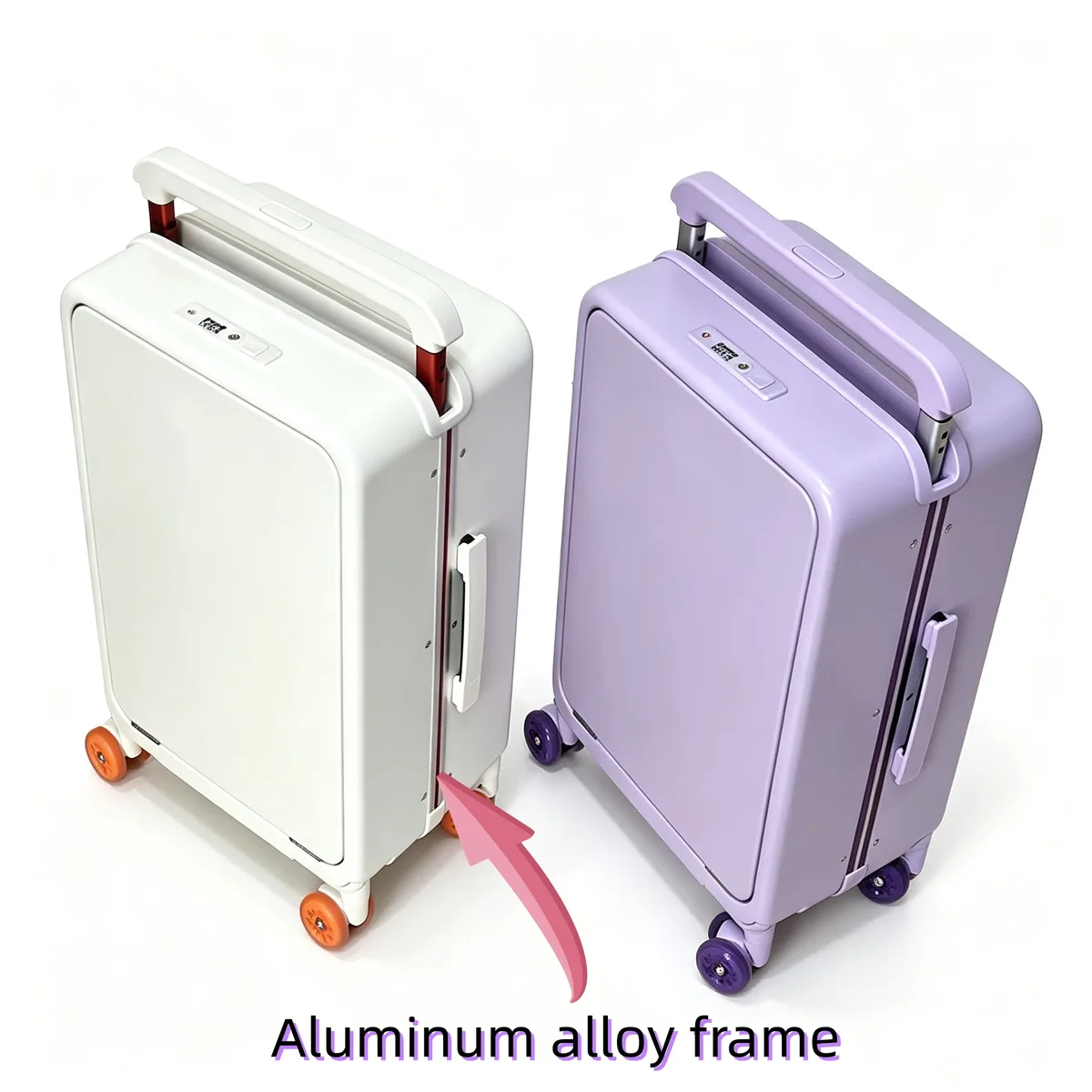 valise à roulettes avec poche pour ordinateur portable à ouverture frontale, poignée large, cadre en aluminium, serrure tsa, pour femme, en matériau pc, idéale pour les voyages et les entrepôts.