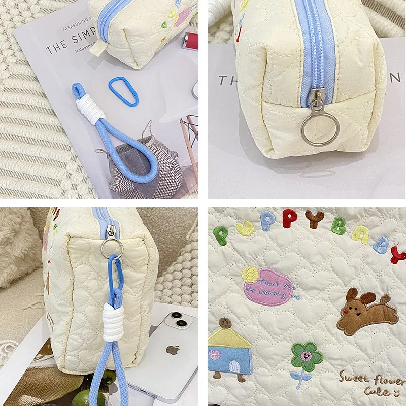 sac à cosmétiques brodé de dessin animé pour femmes, polyester doux, courtepointe, lavage de maquillage féminin, sacs de rangement, poignée, étui à crayons pour étudiants