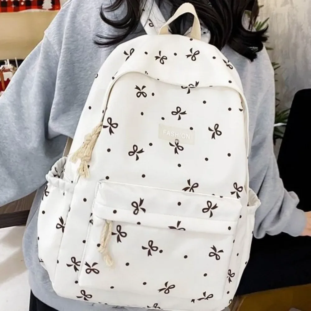 sac à dos scolaire en nylon mignon pour étudiantes, grande capacité, imprimé nœud, sac à dos pour femmes