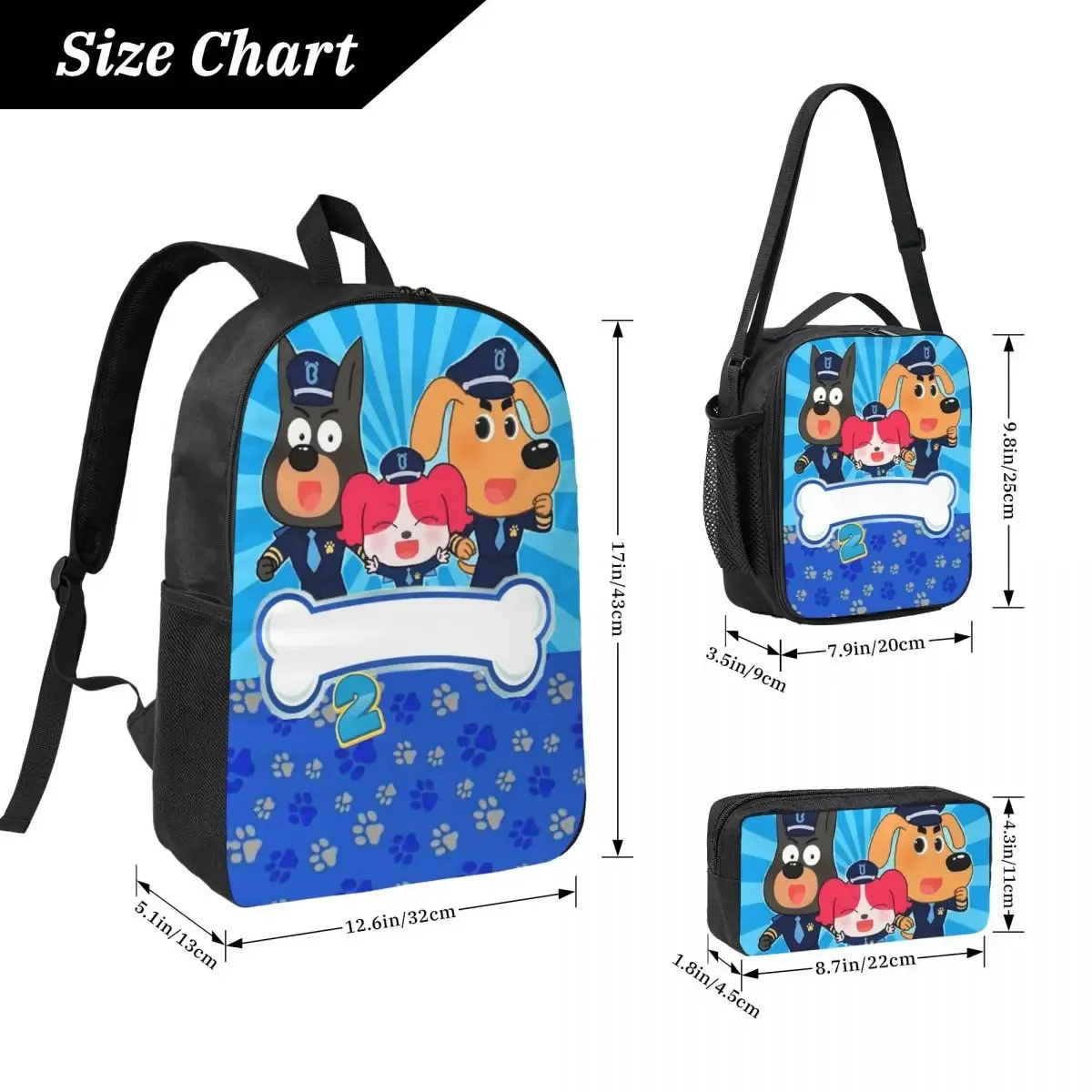 Sac à dos Sheriff Labrador pour étudiants, garçons et filles, sac d'école, sac à bandoulière pour ordinateur, 3 pièces, sac à déjeuner isotherme, trousse à crayons