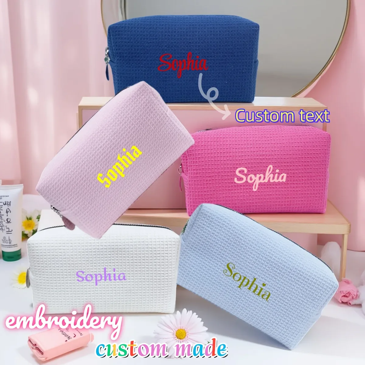 sac à cosmétiques personnalisé avec nom, sac de voyage léger en velours côtelé tendance, sac de maquillage durable de grande capacité, cadeau pour la fête des mères
