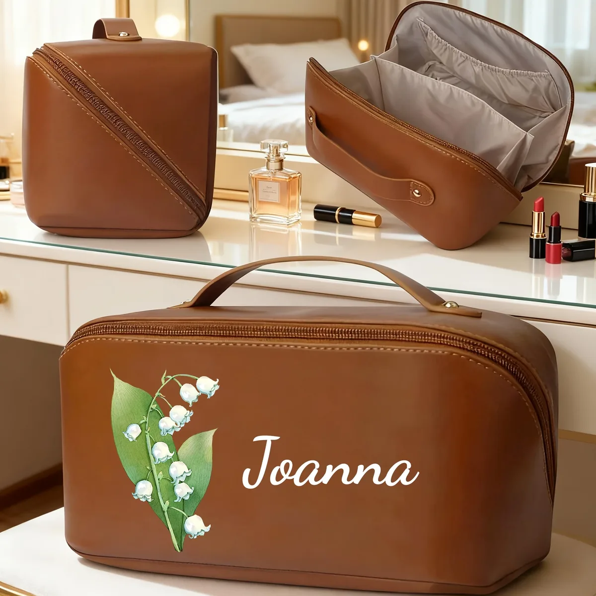 trousse de maquillage personnalisée avec fleurs et nom, trousse de maquillage à fermeture éclair, trousse de maquillage grande capacité pour femmes