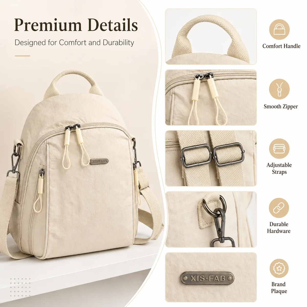 sac à dos mini léger en nylon pour femmes, sac à bandoulière convertible, multi-poches, sac de voyage décontracté pour la journée