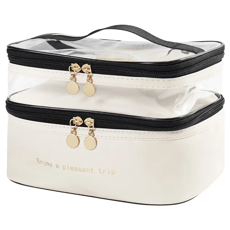 nouveau sac de maquillage double couche en pvc, trousse de toilette à main de grande capacité, sacs de toilette de voyage portables multifonctionnels en vente