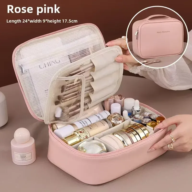 trousse de maquillage portable et étanche avec porte-pinceaux amovible, grande capacité, étui de rangement cosmétique de voyage avec séparateurs ajustables