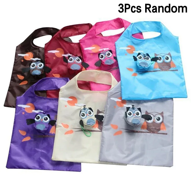 sac de courses pliable portable avec motif de hibou de dessin animé, sac fourre-tout de grande capacité, sac à main à bandoulière, pochette de voyage pour épicerie, 1/3 pièces