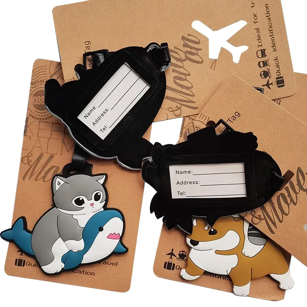 étiquette de bagage design chat requin kawaii, accessoires de voyage pour femmes, étiquette de bagage en pvc de dessin animé pour hommes, portable, anti-perte, adresse, nom