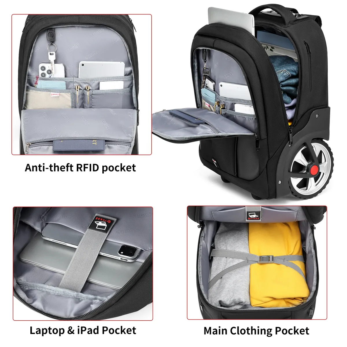 sac à dos à bagages roulants de 20 pouces avec roulettes, valises de voyage, sacs à roulettes de grande capacité, sac à dos multifonctionnel pour ordinateur portable