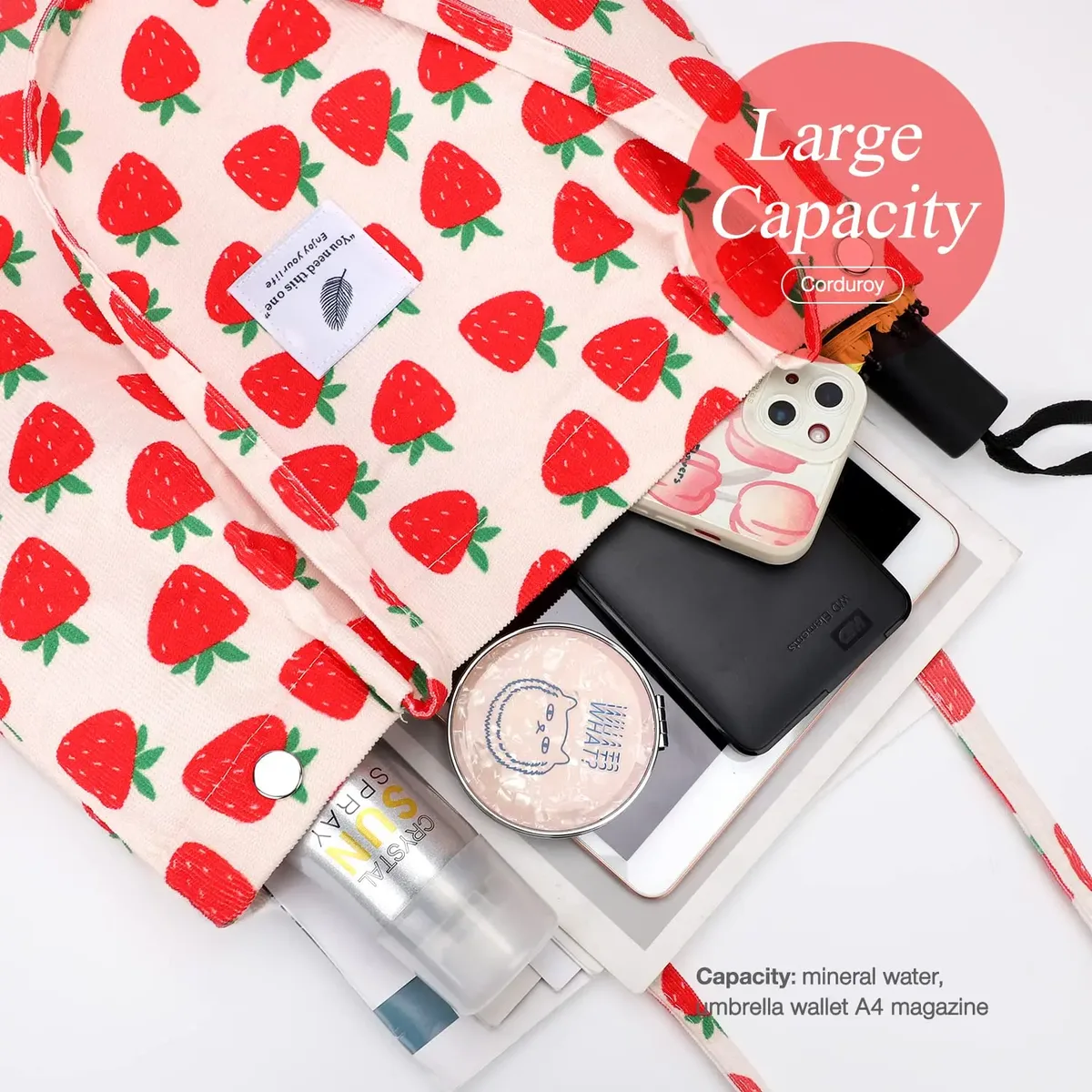 sac fourre-tout en velours côtelé, fourre-tout mignon pour femmes, sac à bandoulière avec poche intérieure pour le travail, la plage, les voyages et le shopping, l'épicerie