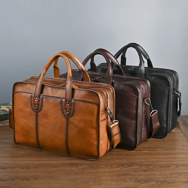 Porte-documents Vintage en cuir véritable pour hommes, grands sacs pour ordinateur portable, sac à main en cuir de vache, sac à bandoulière, cadeau pour hommes, sacs de qualité supérieure