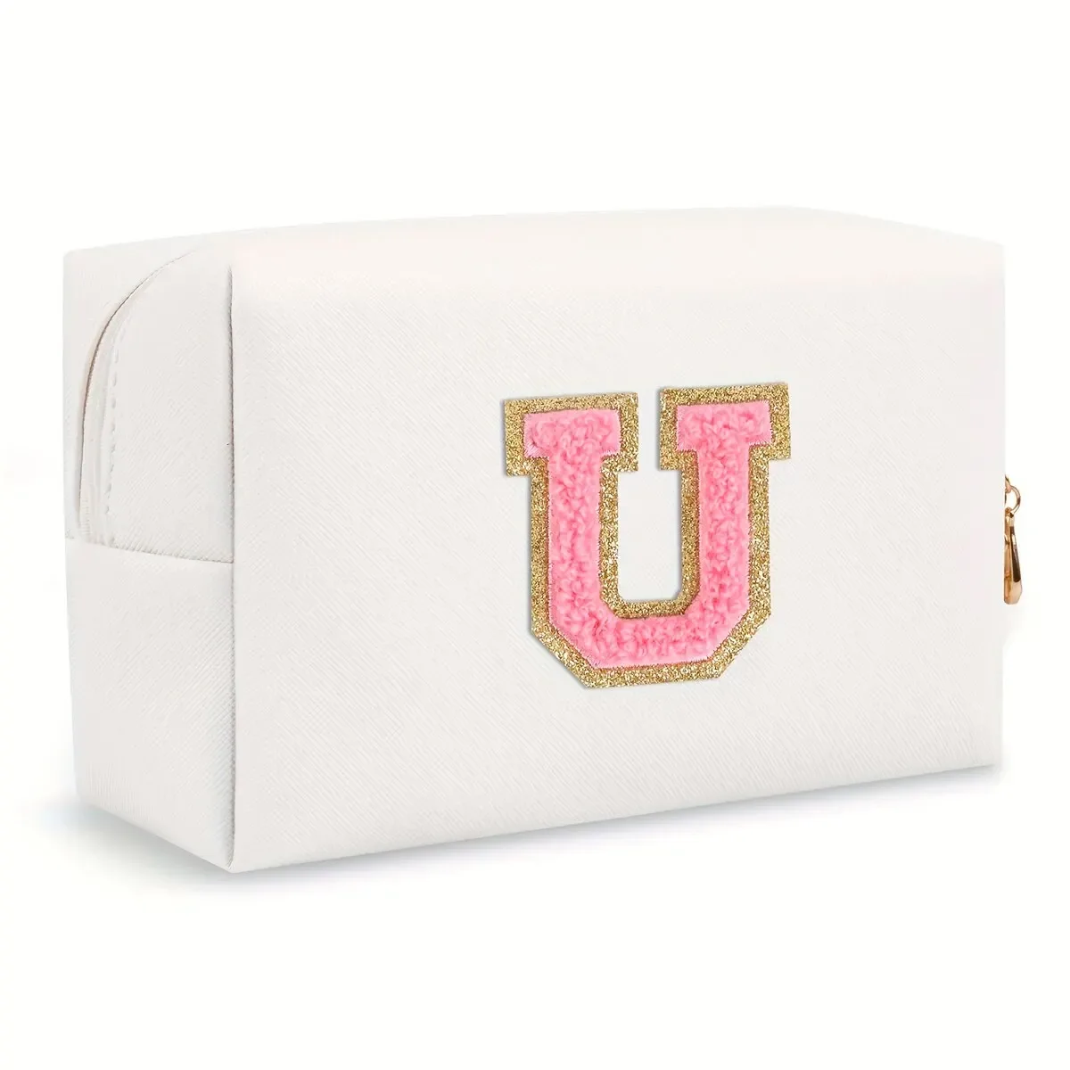 trousse de maquillage preppy pour femmes, trousse de toilette de voyage, sac à cosmétiques avec lettres en chenille, pochette étanche en cuir pu, joli organisateur à fermeture éclair-ll
