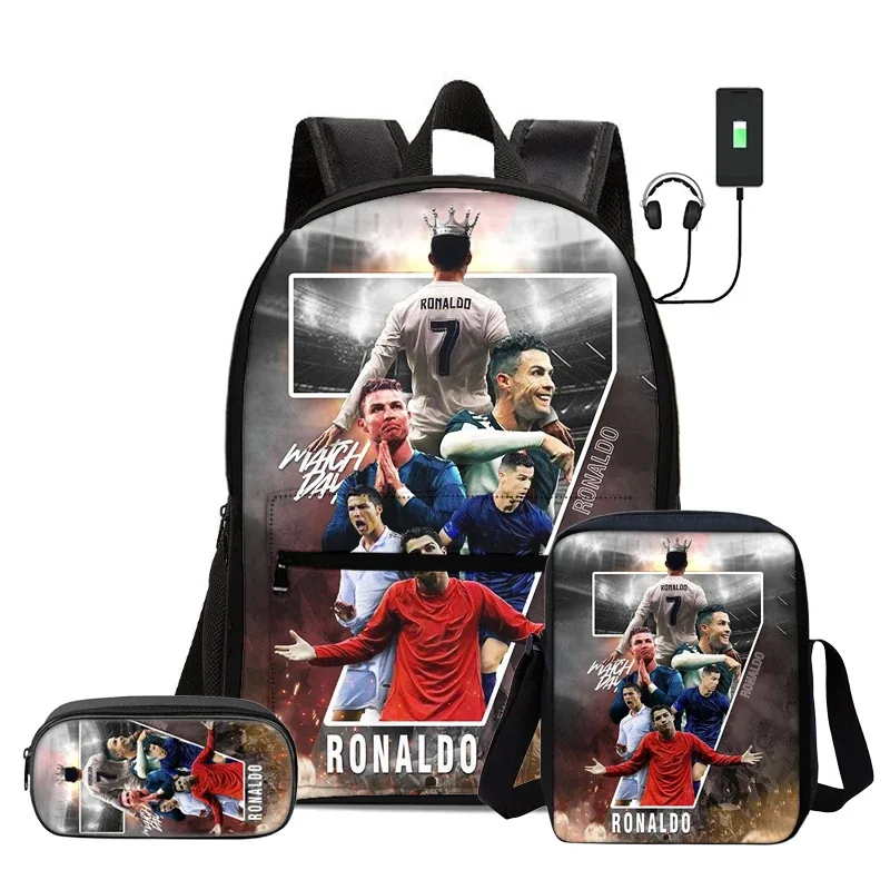 ensemble de 3 sacs à dos avec sac à bandoulière, trousse scolaire pour enfant, sac à dos ronaldo avec interface usb, sac à dos pour enfants