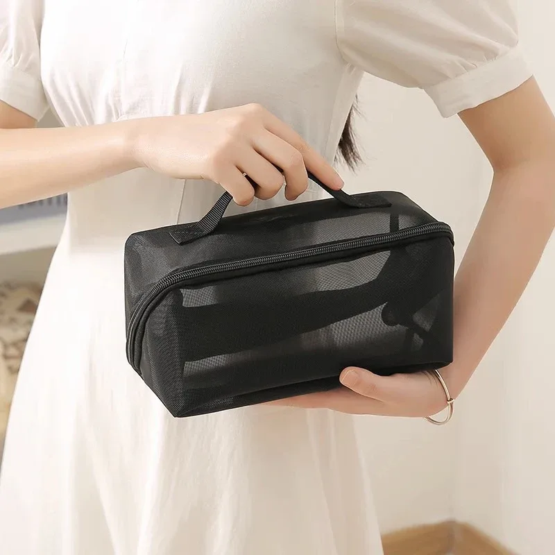 Sacs à cosmétiques transparents en maille, petite et grande trousse de maquillage noire, trousse de toilette de voyage portable, étui de rangement pour rouge à lèvres, poudres
