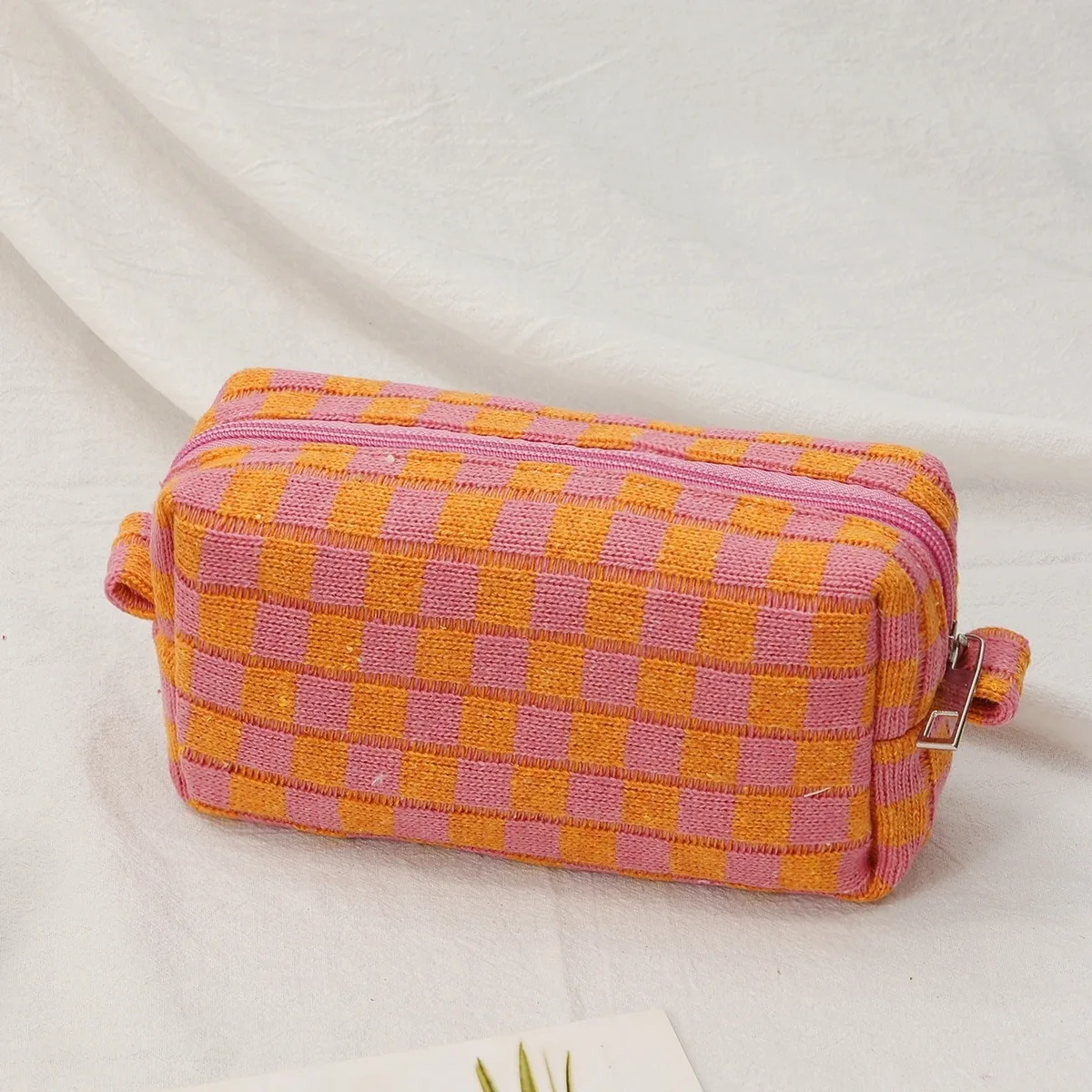 sac à cosmétiques en damier, sac de rangement de toilette tricoté, pochette de maquillage colorée, organisateur, sac à cosmétiques à motif à carreaux