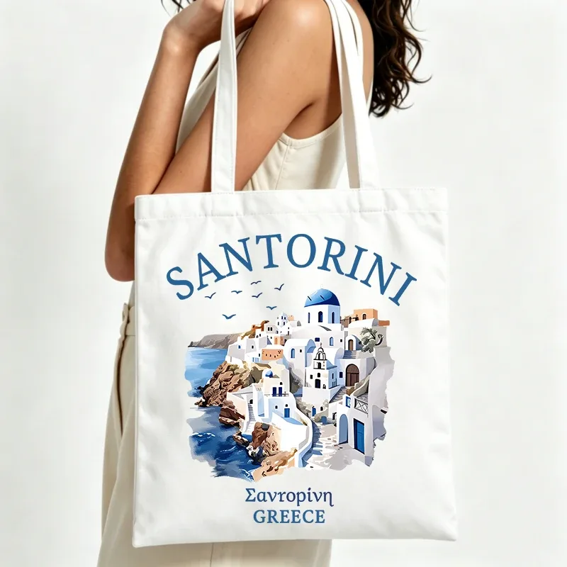 sac fourre-tout en toile imprimé avec motif de village côtier de santorin, grèce, style décontracté pour les voyages d'été et les sorties quotidiennes