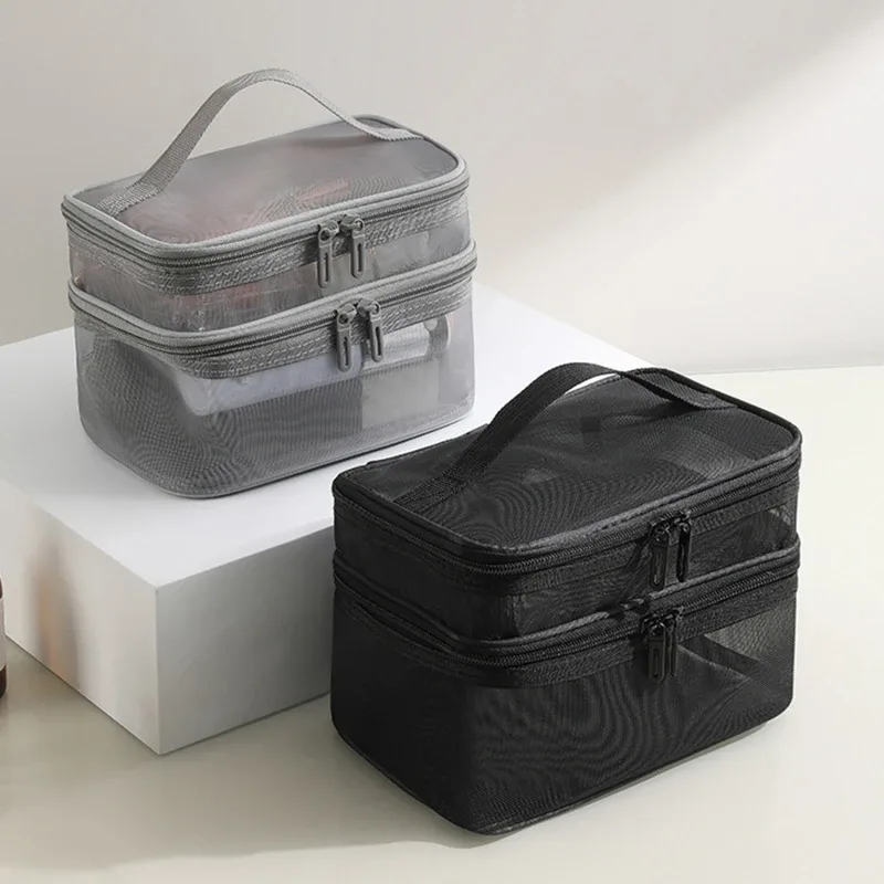 sac de rangement de cosmétiques de voyage à 2 couches, pochette de rangement transparente pliante en maille à fermeture éclair, sac de kit de lavage de maquillage de grande capacité 2024