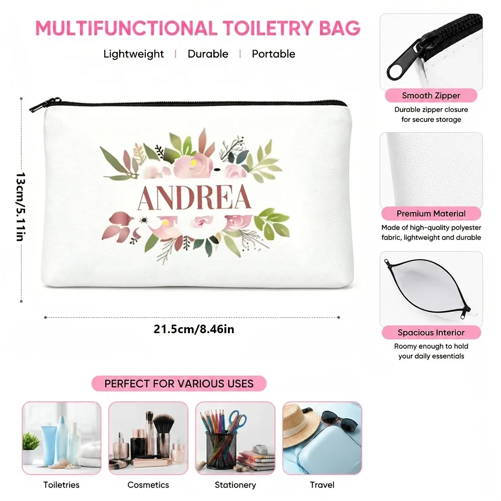 1 pièce de trousse de maquillage florale personnalisée avec impression sur mesure - trousse de rangement cosmétique en polyester avec nom personnalisé, sac de voyage unisexe avec fermeture éclair, léger et inodore, adapté aux cadeaux de enterrement de vie de jeune fille ou à un usage quotidien, trousse de maquillage de voyage personnalisée, trousse de toilette avec fermeture éclair, légère, polyvalente, grande capacité, cadeau idéal pour la famille et les amis