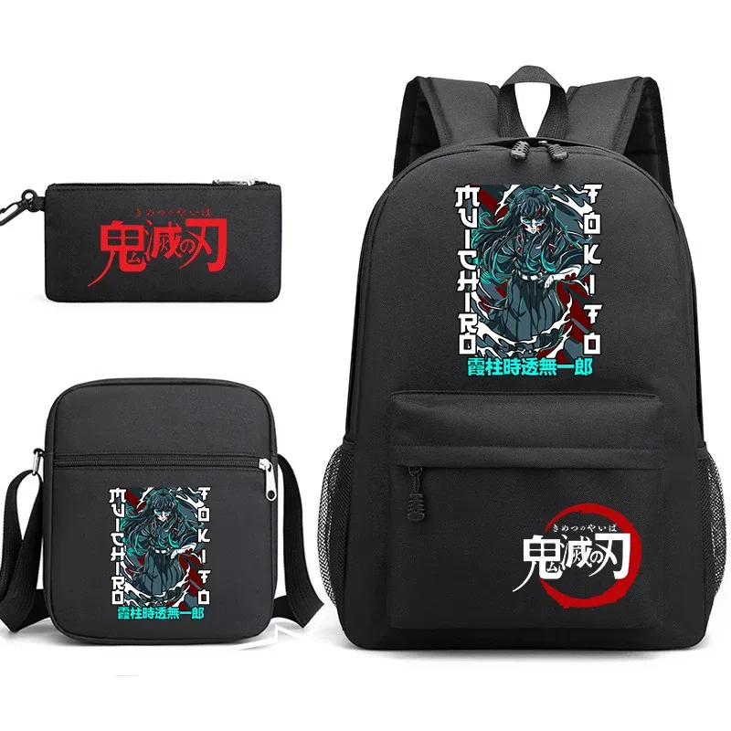 ensemble de sacs à dos d'école imprimés demon slayer, 3 pièces, avec sac à bandoulière, trousse à crayons pour garçons et filles