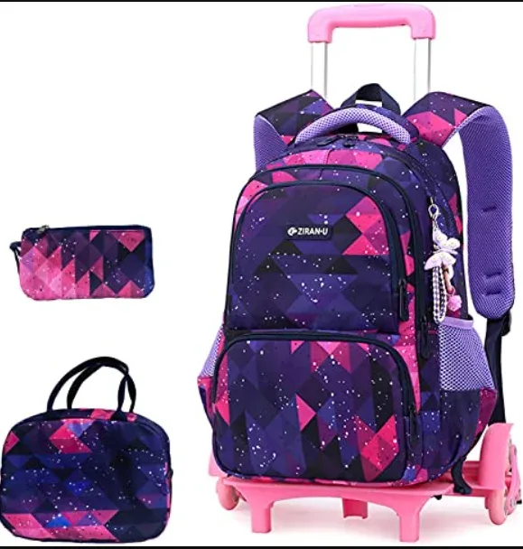 sac de chariot d'école, ensemble de sac à dos à roulettes pour filles, ensemble de sacs de chariot d'école primaire 3 pièces avec sac à déjeuner, sac à stylos pour garçon