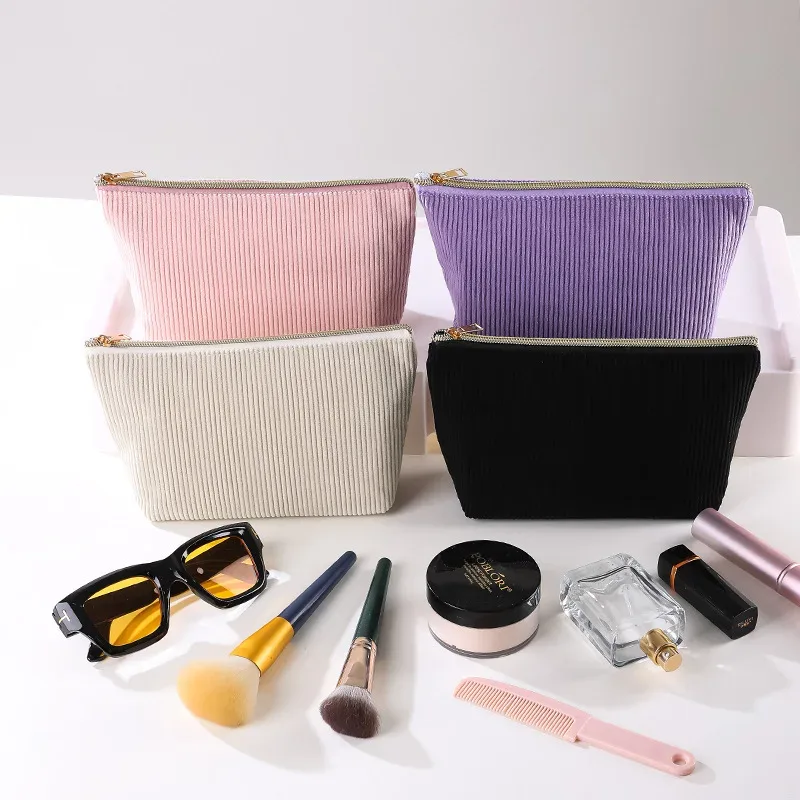 trousse de maquillage en velours côtelé grande capacité avec fermeture éclair