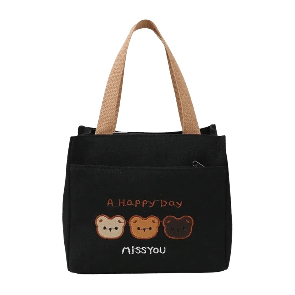 sac fourre-tout décontracté et mignon avec broderie 3 ours, fermeture éclair, grande capacité, sac à déjeuner en toile, pochette de rangement légère et réutilisable pour pique-nique
