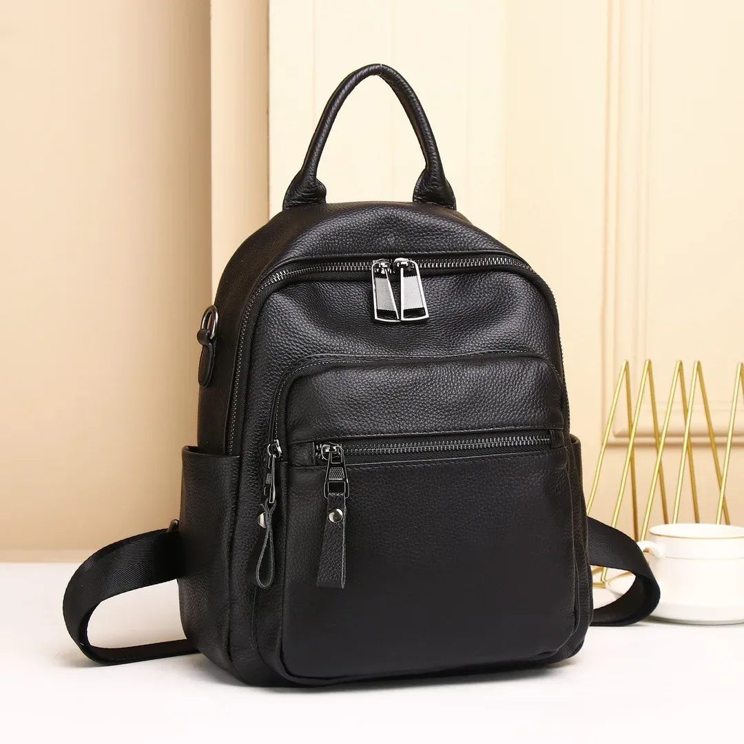 sac à dos en cuir véritable noir pour femme, sac à dos décontracté pour femme, antivol, sac de voyage initié, motif solide, sac à dos scolaire pour fille