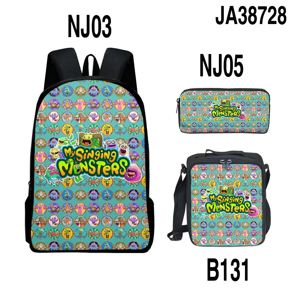 sacs à dos pour enfants, ensemble de sacs à dos, sac à déjeuner pour enfants, sac à crayons, ensemble de 3 pièces, nouveau sac de concert 3d my singing monsters