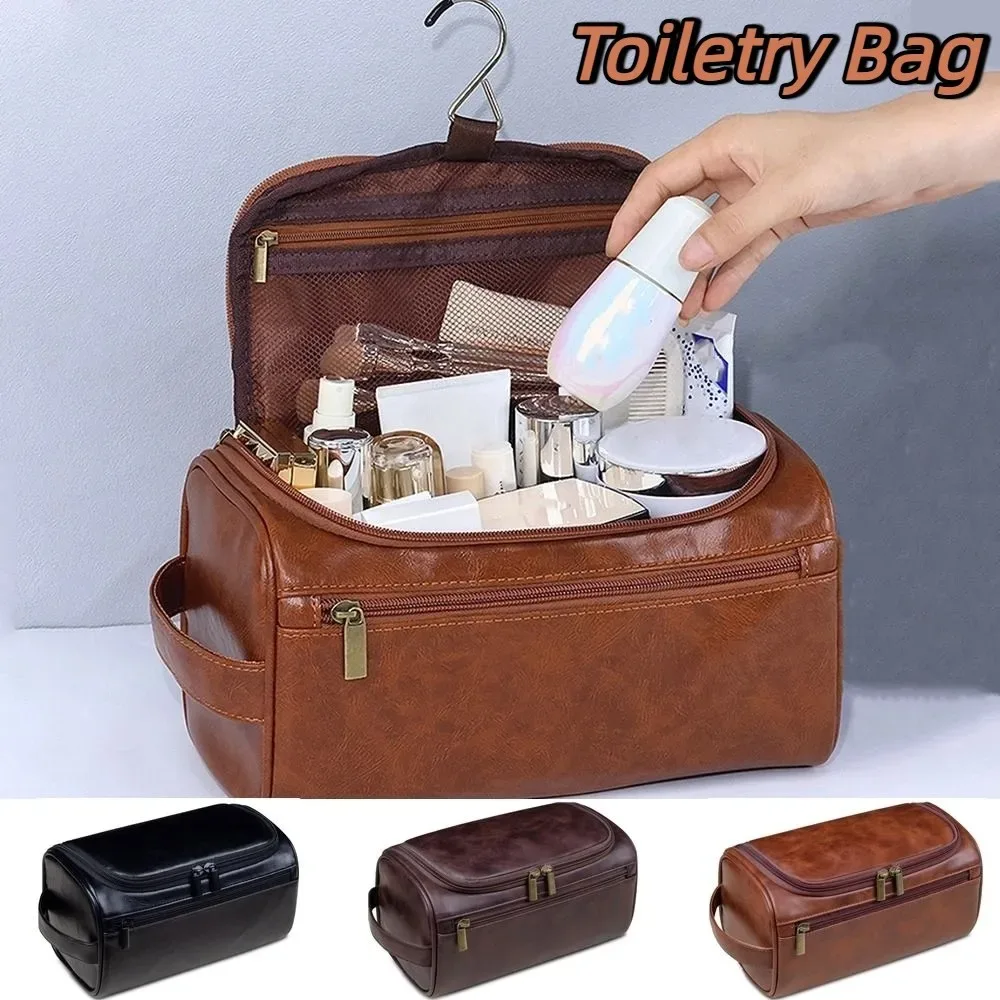 sac de toilette pour homme en cuir pu avec poignée, sac de rangement cosmétique imperméable, grande capacité a