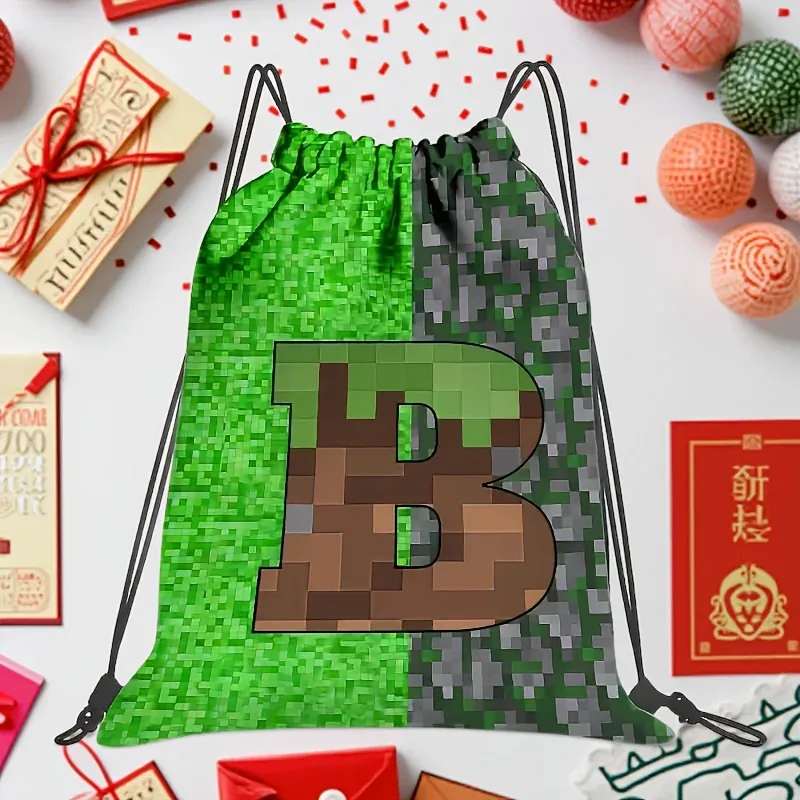 sac à dos à cordon de serrage de grande capacité pour jeux vidéo, avec lettrage pixelisé, unisexe, motif géométrique multicolore, 1 pièce