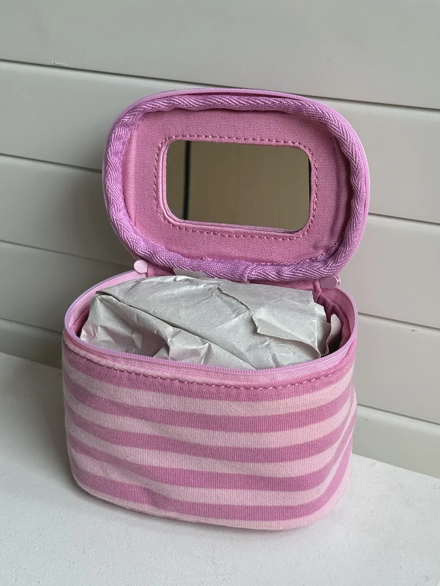 nouvelle trousse de maquillage rose rayée mignonne pour femme y2k, sac à main portable avec miroir et fermeture éclair, pochette de toilette en coton doux, organisateur de voyage cosmétique