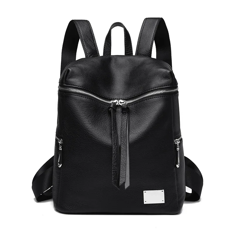 Sac à dos noir en cuir véritable, sac pour femme en cuir de vache de style simple, sac à bandoulière simple et double, sac de travail et de shopping