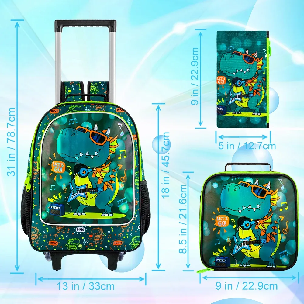 sac à dos roulant 3 pièces pour garçons, sac à dos d'école à roulettes avec roulettes, sac à livres à roulettes dinosaure pour enfants pour kinde préscolaire primaire