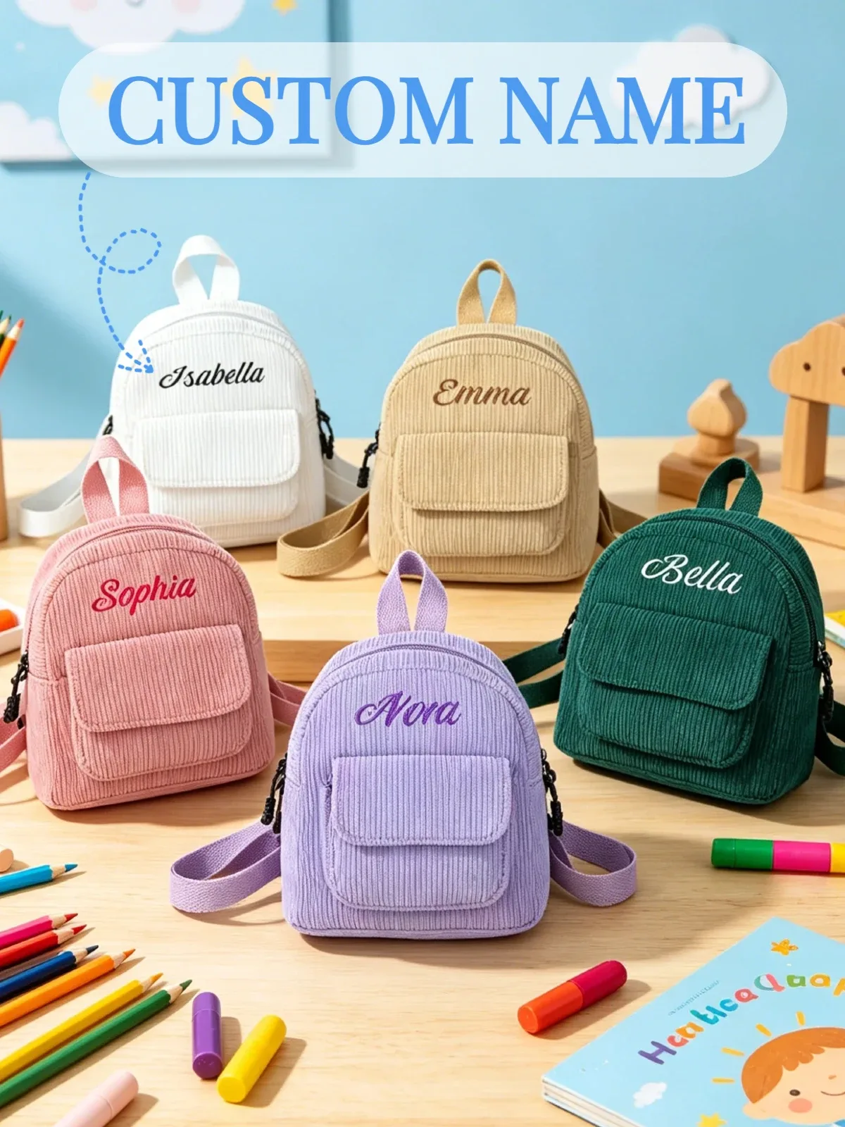 Sac à dos de maternelle mini en velours côtelé avec broderie et nom personnalisé, cartable pour filles et garçons, idéal pour l'école quotidienne, cadeaux mignons pour les enfants et les vacances.