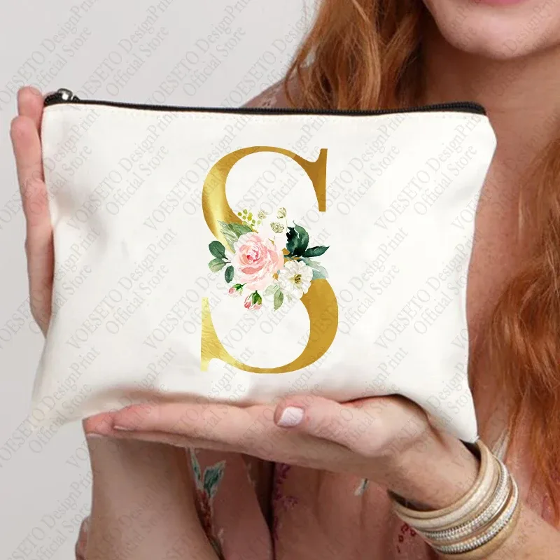 sac à fermeture éclair à motif initial pour femme, trousse de maquillage cosmétique, poudres de toile de bain de mariage, sacs de rouge à lèvres de voyage, cadeau de fête d'enterrement de vie de jeune fille