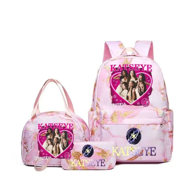Sac à dos grande capacité imprimé Katseye amusant, léger, pour l'école, les voyages, décontracté, pour femmes et filles, avec compartiment pour stylos et sac à déjeuner