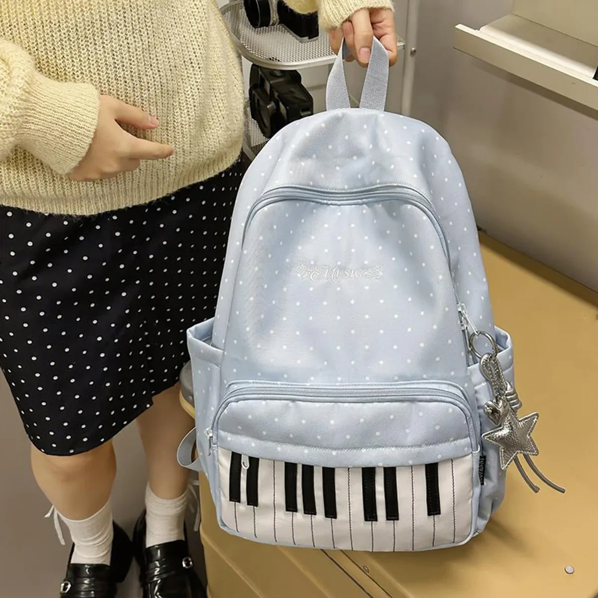 sac à dos en nylon à pois tendance, sac à dos pour clavier de piano avec pendentif, sac à dos quotidien pour adolescentes, sacs à dos mignons, grand sac de voyage, sac pour ordinateur portable