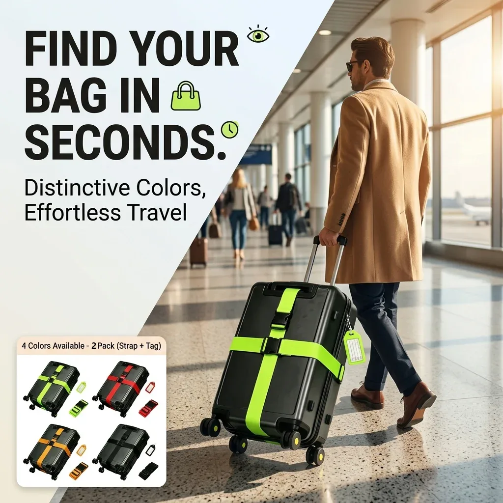 ensemble de 2 pièces - (1 sangle de bagage de 1,65 m, 1 étiquette de bagage) sangles et cordons de bagage lumineux en 4 couleurs, adaptés aux valises, sacs à main, accessoires de renfort pour bagages de voyage, identification rapide des bagages, un excellent cadeau de noël pour la famille.