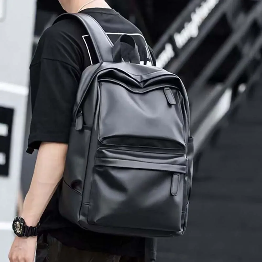 sac à dos en cuir pvc pour hommes, bandoulière rembourrée, résistant à l'eau, sac d'école pour ordinateur portable, finition noire, compartiment pour ordinateur portable