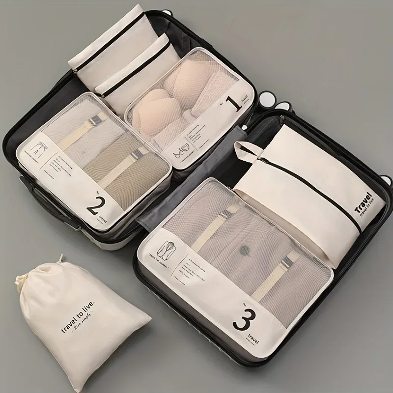ensemble de 7 pièces populaires pour le voyage, un ensemble de sept pièces pour organiser les bagages et les vêtements, et un sac de rangement pour les cosmétiques et autres articles.