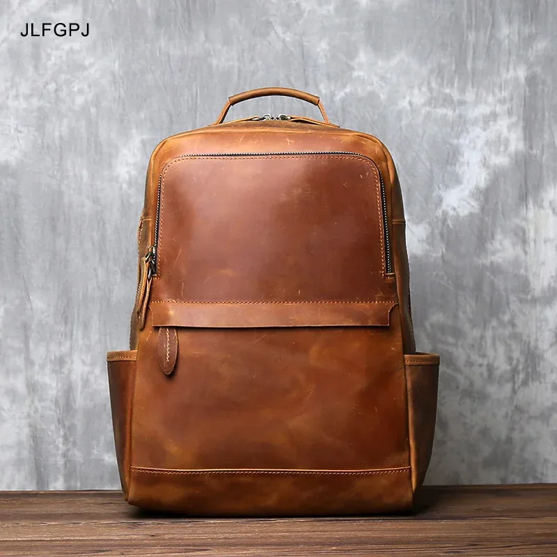 Sac à dos vertical en cuir véritable pour homme, sac d'ordinateur classique rétro, couche supérieure en cuir de vachette, grande capacité, JLFGPJ