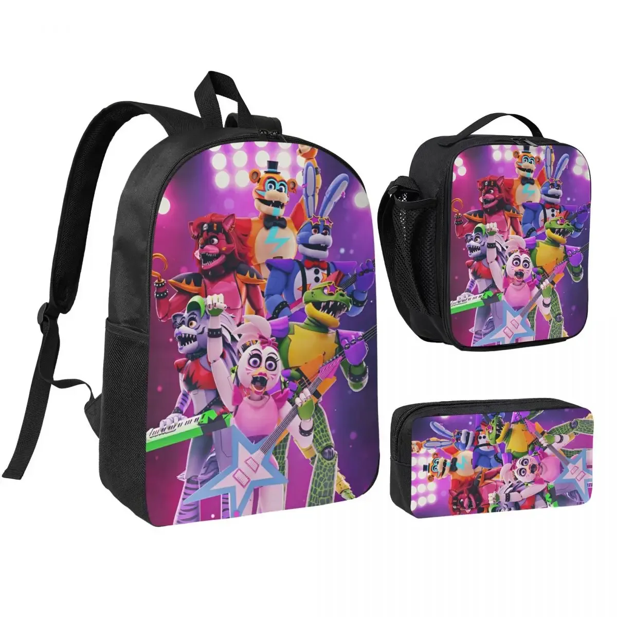 3pecs/ensemble glamrock fnaf sac à dos de jeu vidéo pour étudiant retour à l'école sacs en toile sac à déjeuner trousse à crayons