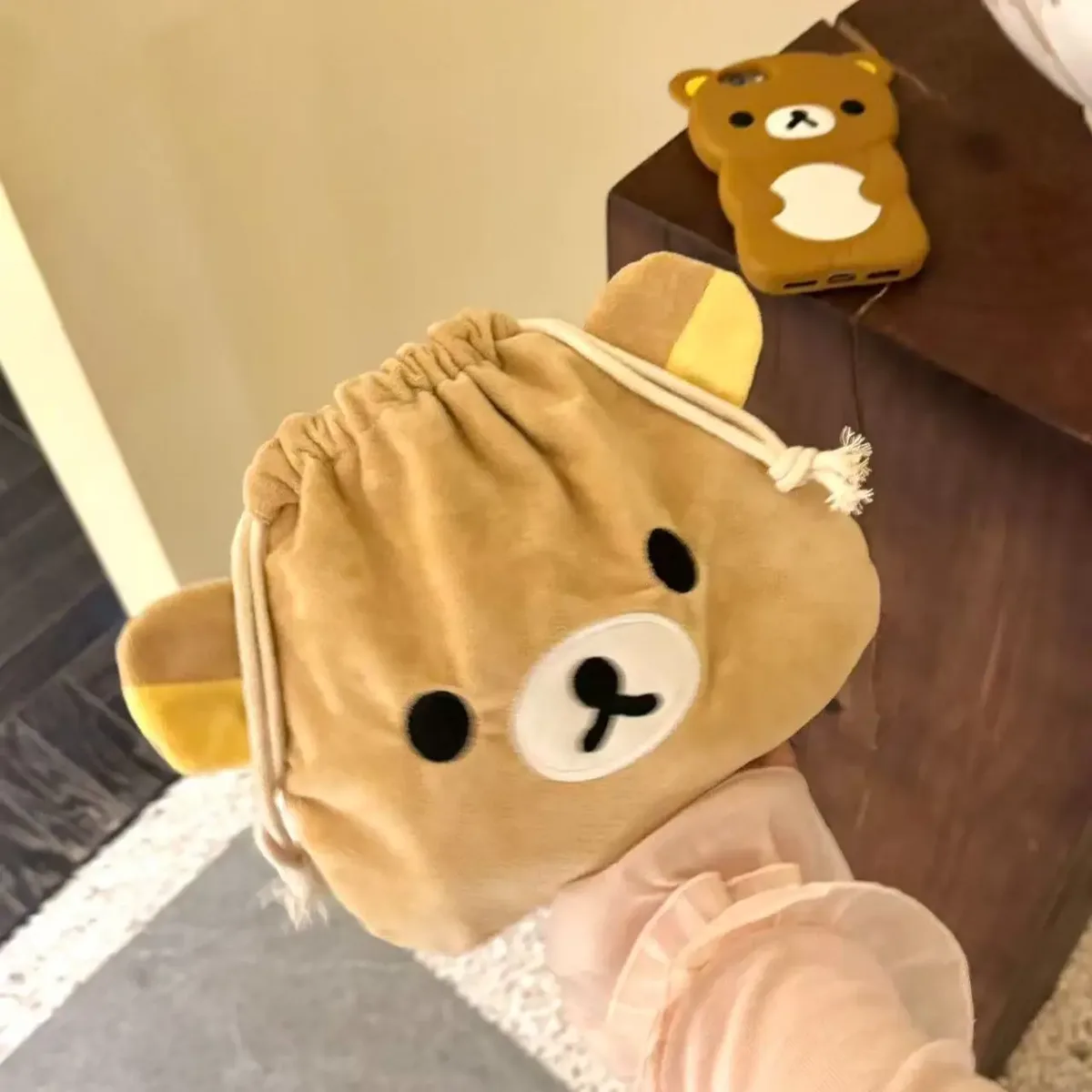 sac à cordon avec motif d'ours de dessin animé, pochette à cosmétiques de grande capacité, étui de rangement portable pour câbles usb, bijoux, pinceaux de maquillage