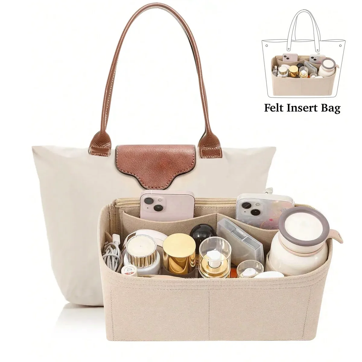 Organisateur de sac fourre-tout en feutre avec fermeture éclair, séparateur de sac à main pour l'intérieur du sac, compatible avec les sacs fourre-tout Longchamp Neverfull Speedy