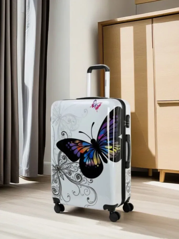 valise à roulettes silencieuse pour femmes, valise légère à roulettes, valise à motif papillon pour dames, serrure tsa avec boîte de maquillage