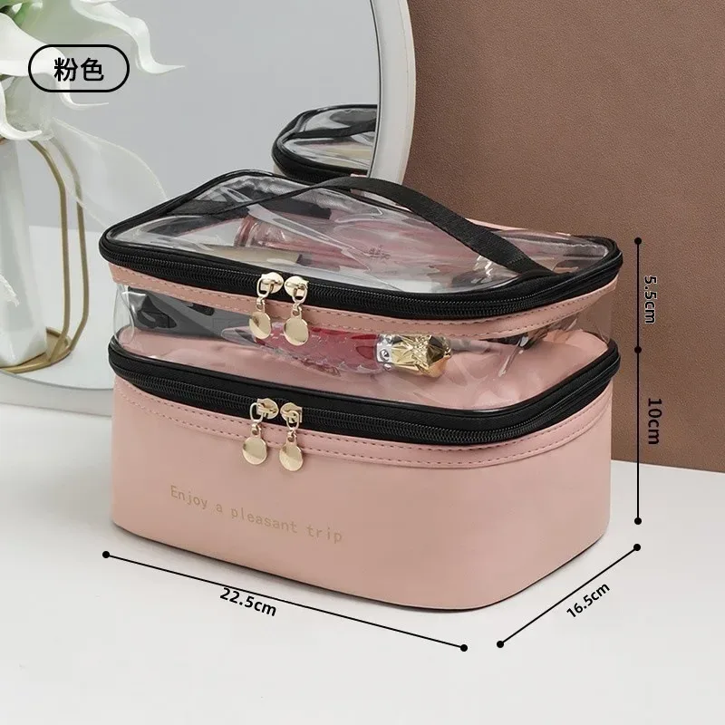 sac à cosmétiques double transparent en pu, sac de lavage portable, sacs de maquillage de grande capacité, trousse de toilette de voyage étanche, sacs de rangement